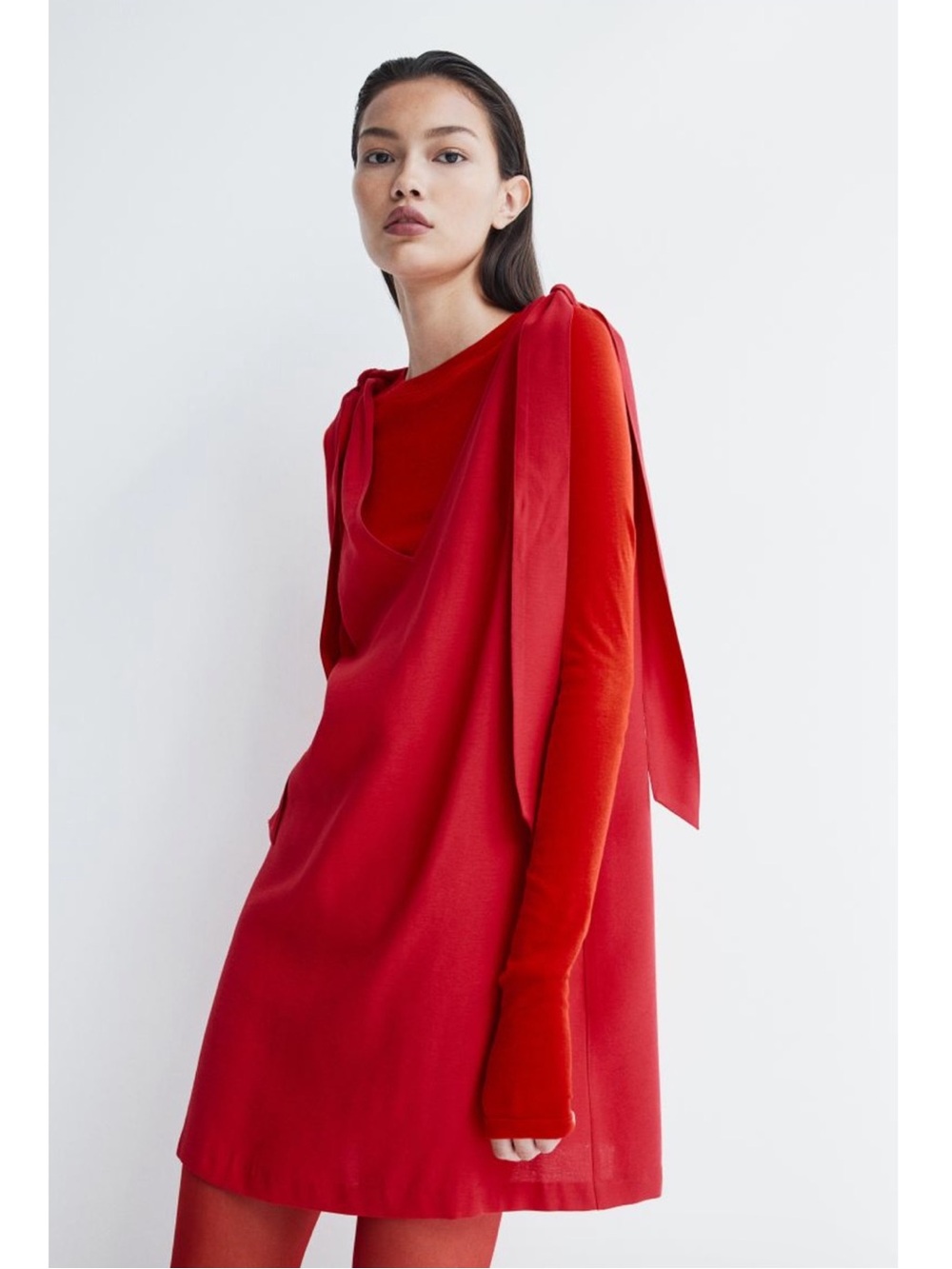 H&M A-Line Bow Tie-Strap Red V-Neck Dress
